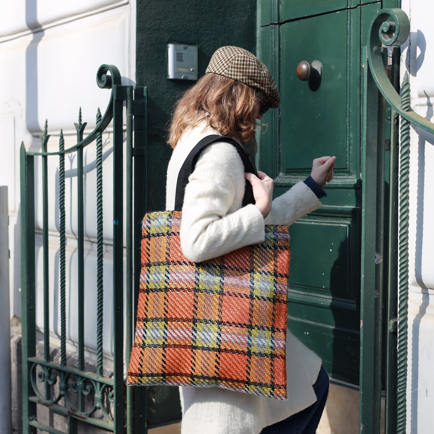 Shopper in Tartan Cotone e Rafia